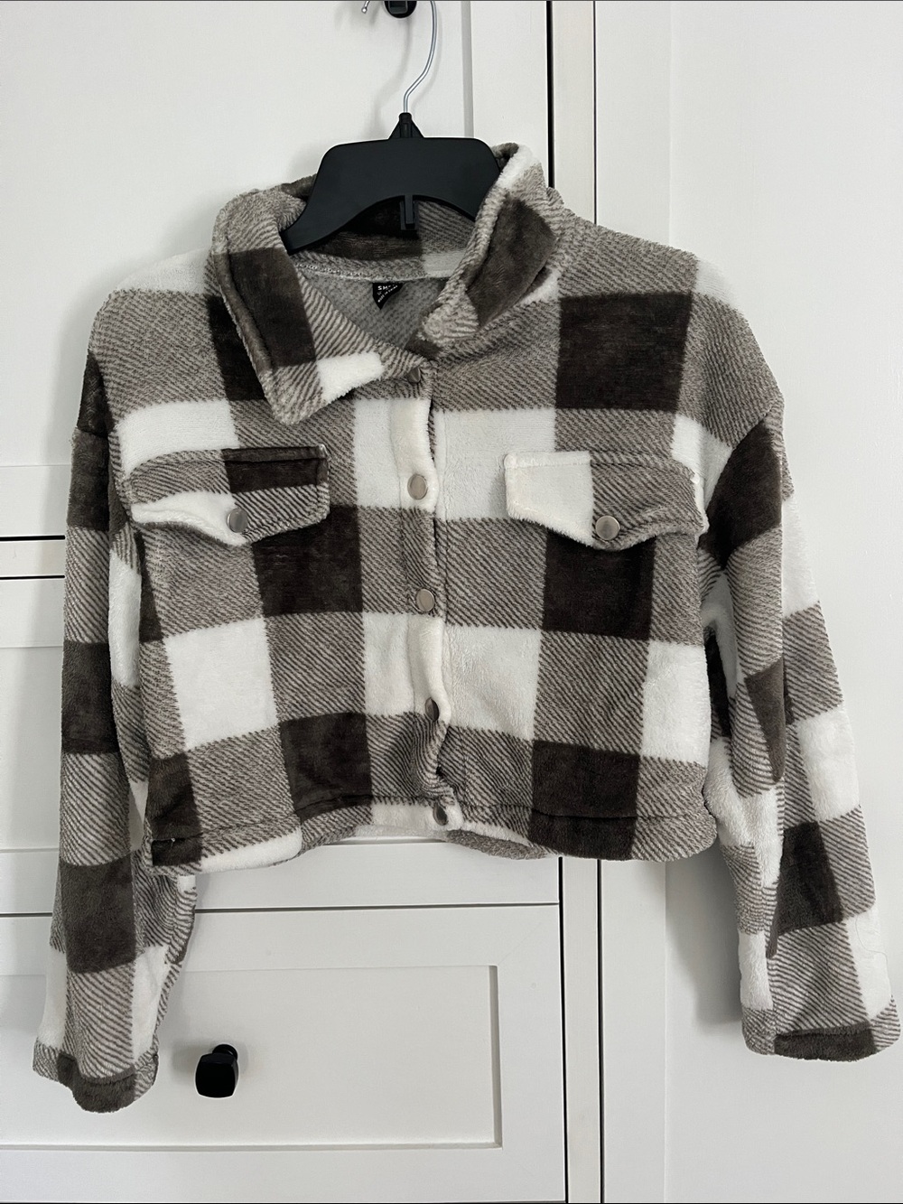 SHEIN Brown & White Plaid Fuzzy Cropped Shacket